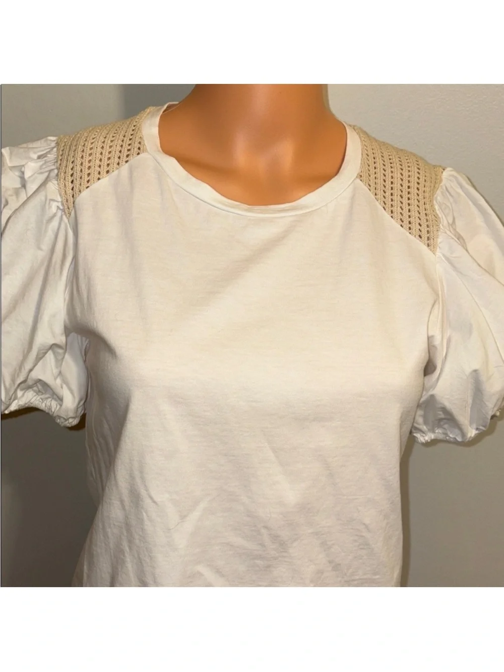 Zara White Puff Sleeve Crochet-Shoulder Tee